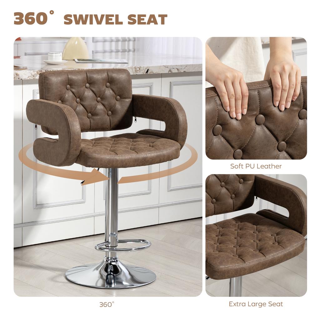 PU Leather Upholstered Swivel Bar Stool, Height Adjustable with Back, Armrest, Footrest, Coffee