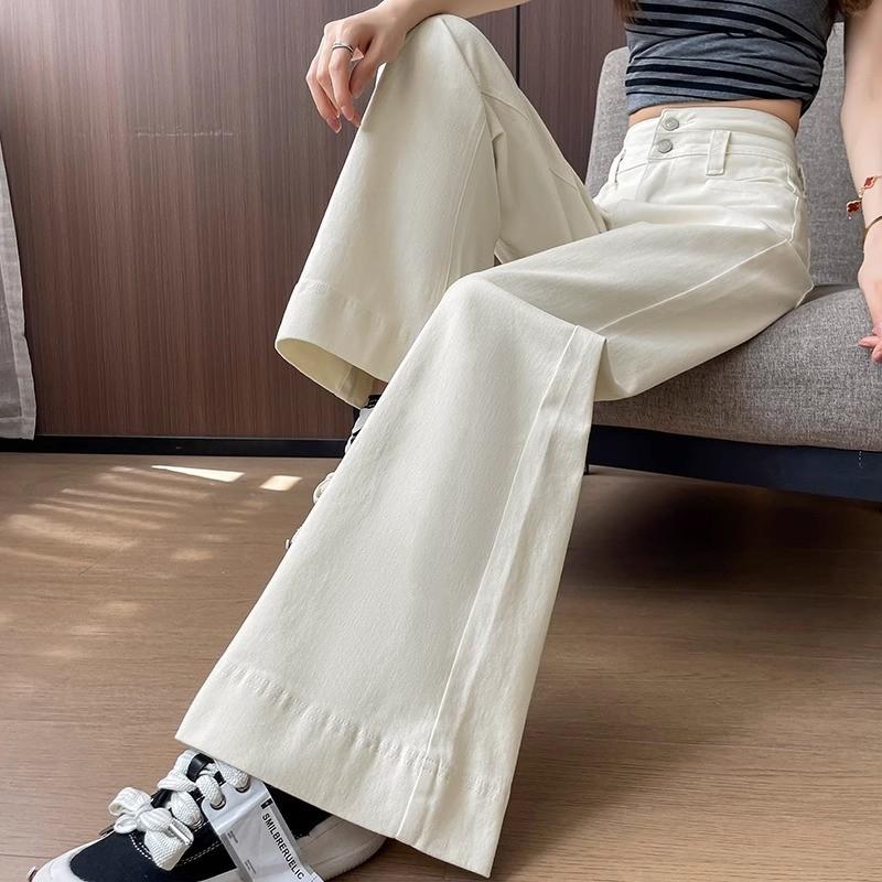 Womens Beige Wide-Leg Flare Jeans High-Waisted Loose Fit Streetwear Denim Pants Casual Chic