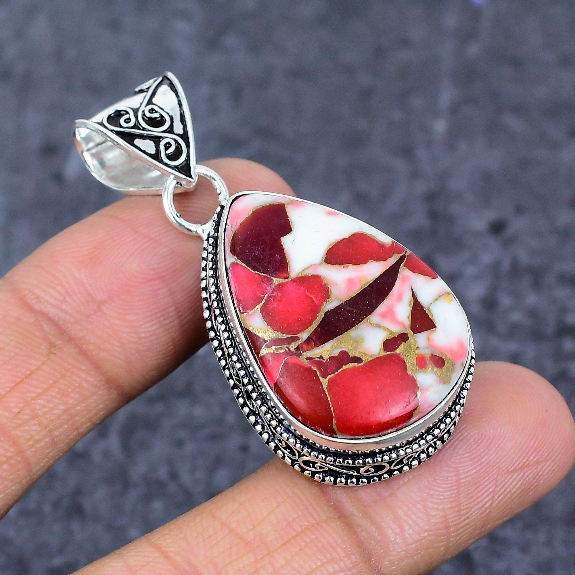 Red Dahlia Turquoise Ethnic 925 Sterling Silver Jewelry Pendant 2.05  e2F34