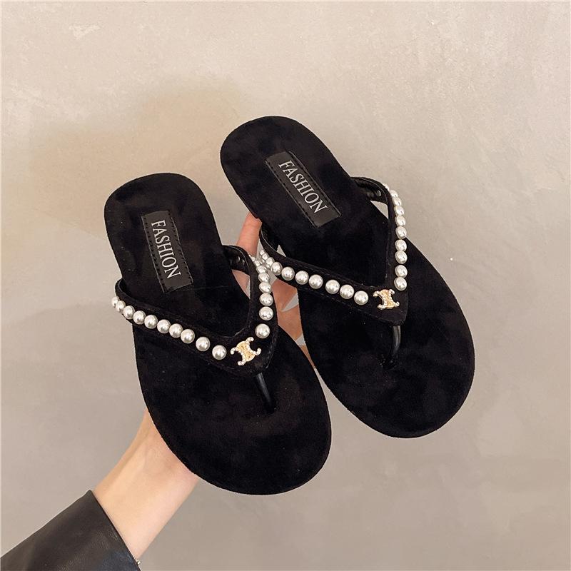 

Summer 2025 new velvet rhinestone round head flat bottom flip-flops shoes fashion 40 перлинний
