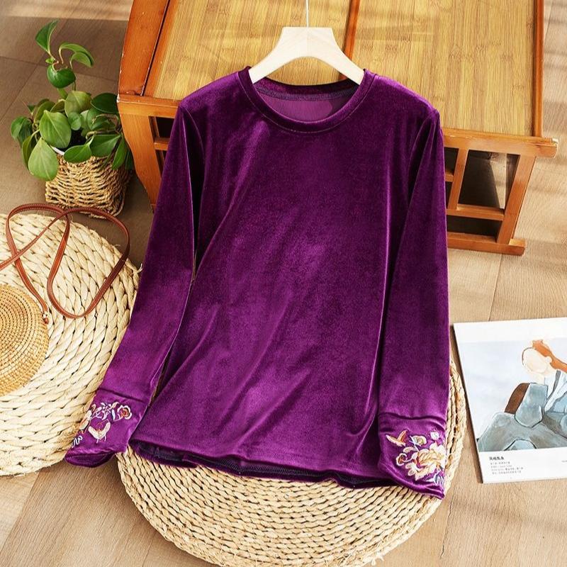 Women's Embroidered Velvet Blouse  Autumn Winter Crew Neck Long-sleeve Velvet T-shirt Solid Color Pullover