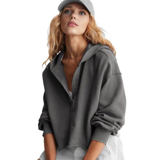 Women's Cropped Sweatshirt Loose Long Sleeve V Neck Hoodies Casual Hooded Pullover Crop Workout Top