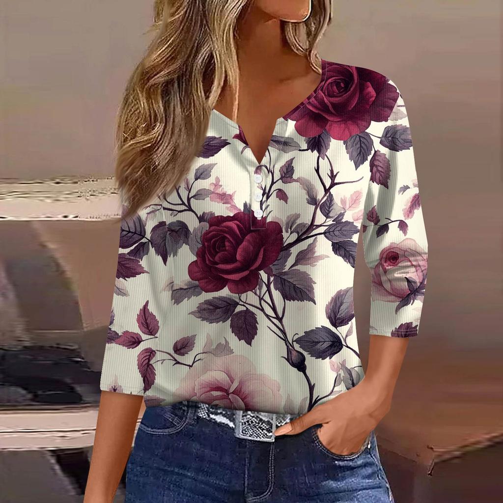 Women's T Shirt Tee Print Button 3/4 Sleeve Tunic Daily Weekend Fashion Basic V- Neck Regular Top
