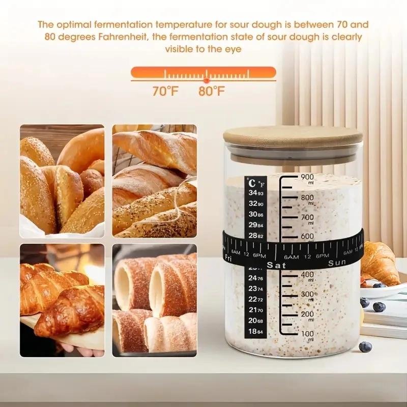 900ml Sourdough Starter Jar Kit Clear Glass Heat Resistant Sourdough Starter Container Baking Fermentation Jar Food Storage
