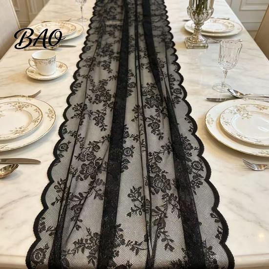 Long Lace Table Runner French Runner, Black & White Vintage for Coffee Table, Shoe Cabinet, Dining Rectangular Decorative Tablecloth Home Fine Crochet