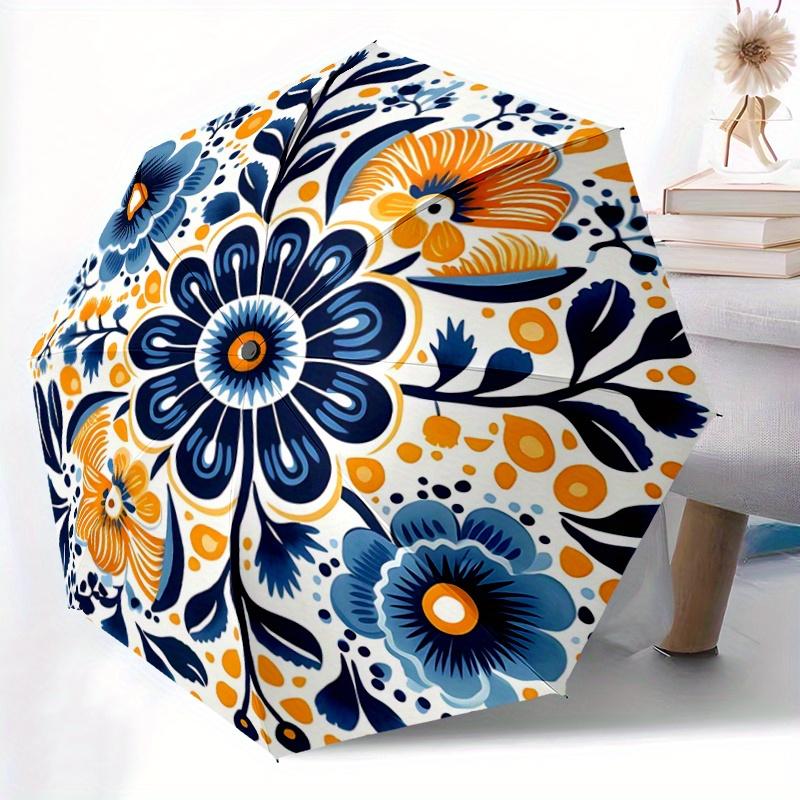 1pc Blue Flower Design Automatic Folding Umbrella - 3 Folding Design, Vivid Cartoon Pattern, Suitable for Outdoor Activities, A Gift for Fan