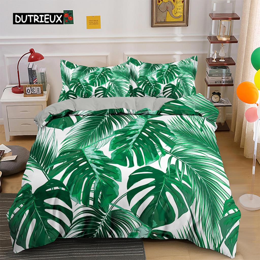 Tropiska Botaniska Blad Kung Drottning Påslakan Grön Palmblad Polyester Sängkläder Set för Barn Tonåringar Vuxna med Örngott