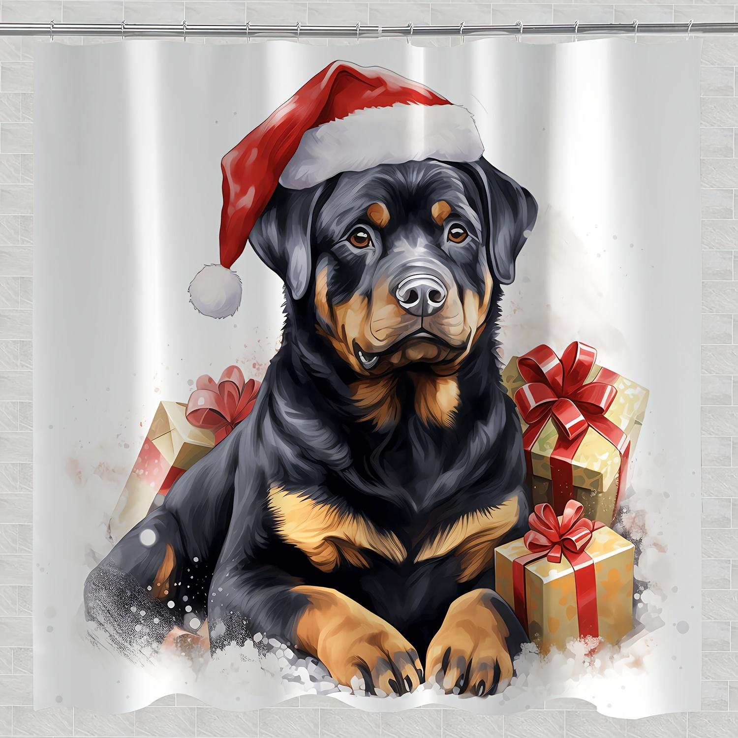 

1Pc Hand-Painted Rottweiler Dog With Santa Hat Illustration Novelty Bathroom Decor Digital Print Water-Resistant Polyester Bath W60H190(CM)-1 Pcs