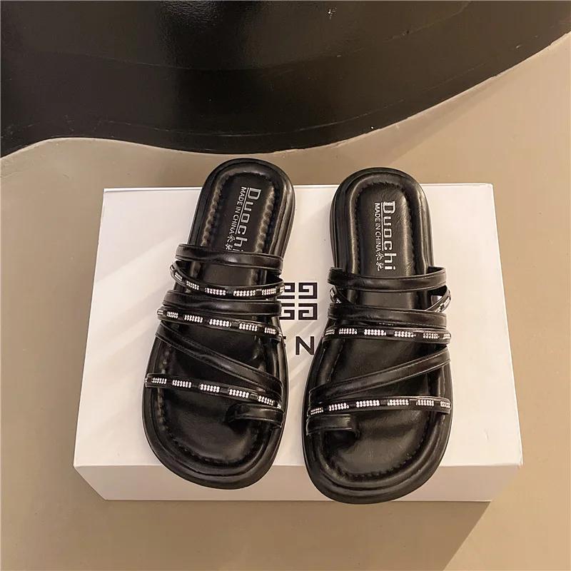 

Fashion 2025 New Women s Slippers Flat Sole Clip Narrow Band Anti-slip Shoes Women Daily Commute Concise All-match Zapatillas De Mujer 35 чёрный