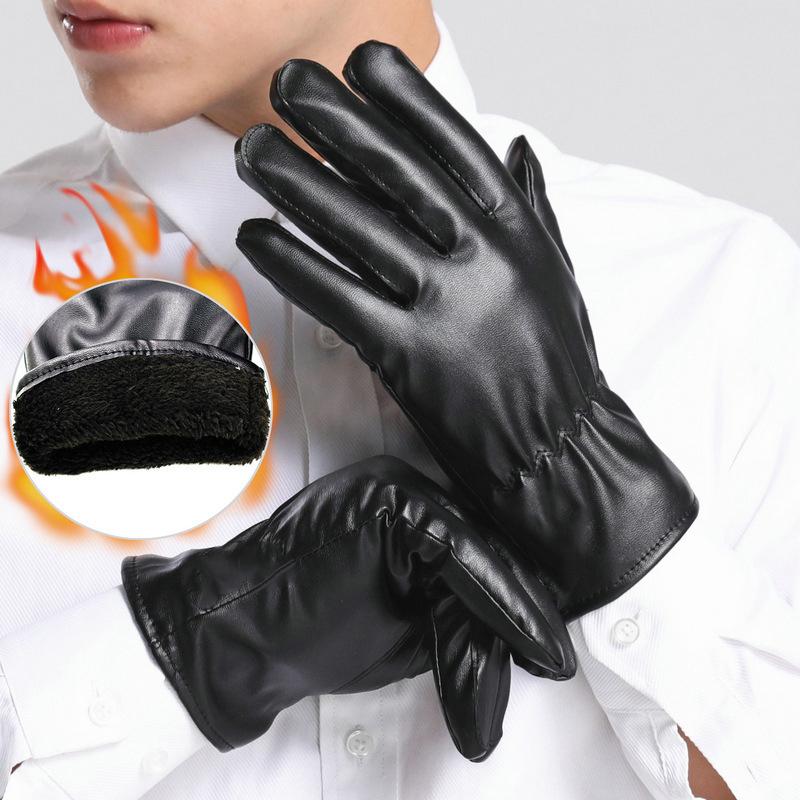 1Pair Men'S Pu Leather Winter Autumn Driving Keep Warm Gloves Fleece Tactical Gloves Black Outdoor Sports Waterproof Mitten