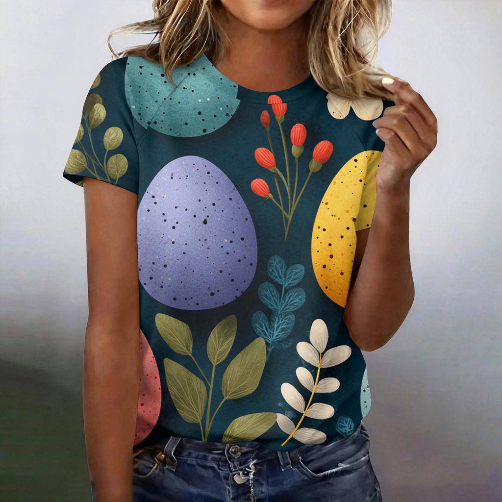 Women's Fashionable Casual Short-Sleeved Raglan Sleeve Easter Print T-Shirt Top