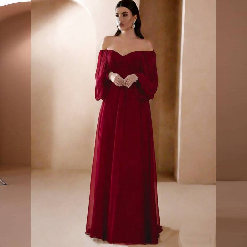 Elegant One Shoulder Long Sleeve Chiffon Dress For Wedding And Party With Classic Style For Women