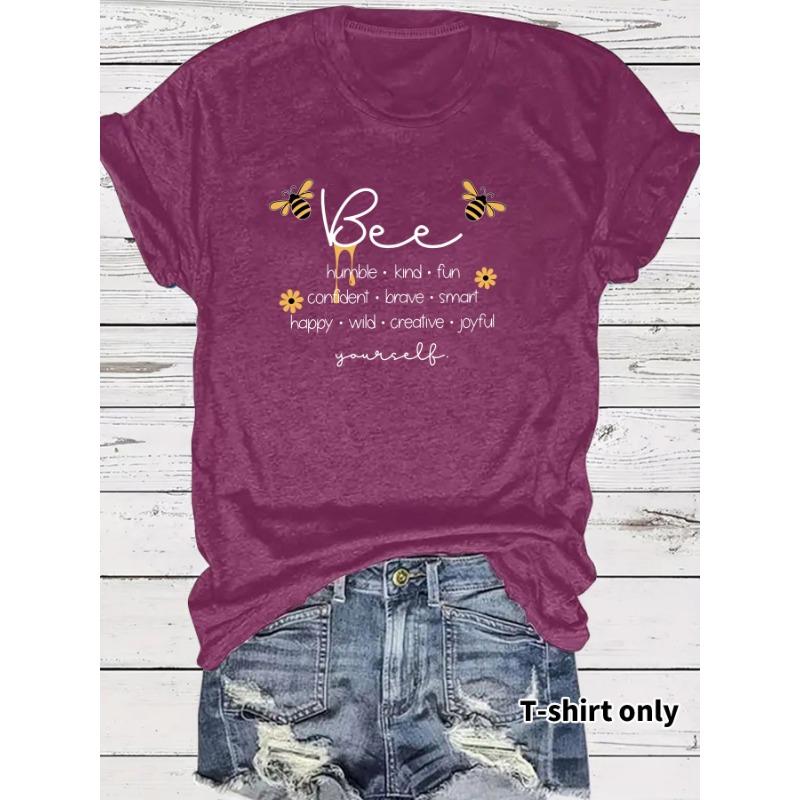 

Women s Casual and Fashionable T-shirt with A Round Neck and Short Sleeves Featuring Bee and Letter Patterns XXL красный
