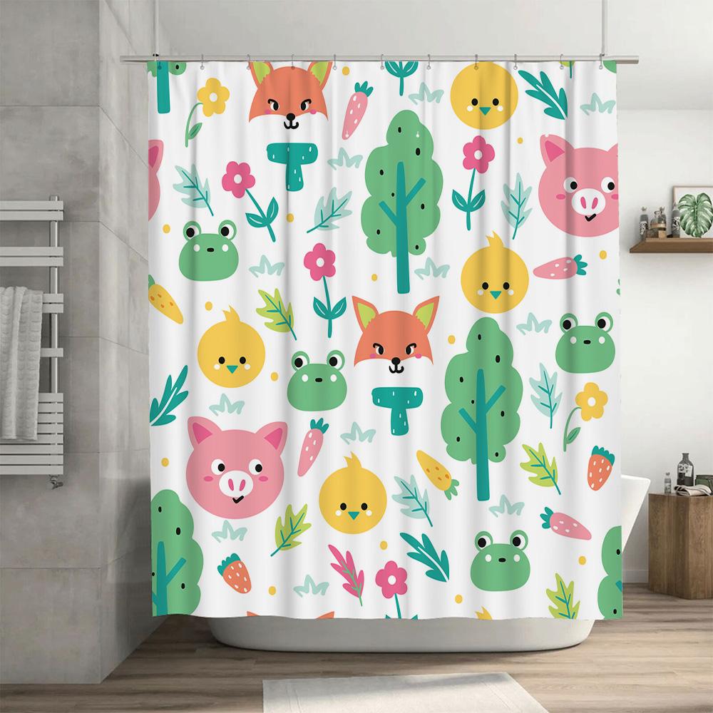 Brightly Colored Animal and Vegetable Shower Curtain for Bathroom Decor Cute Cartoon Kids Room Accessories in Multiple Colors