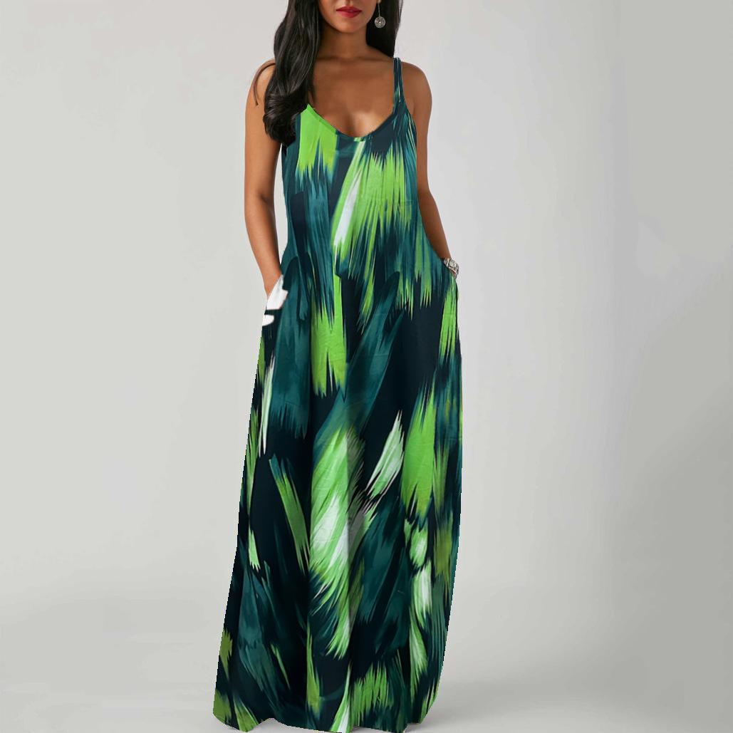 Women s Spring,Summer Strap Pocket Printed Long Dress XL зелёный
