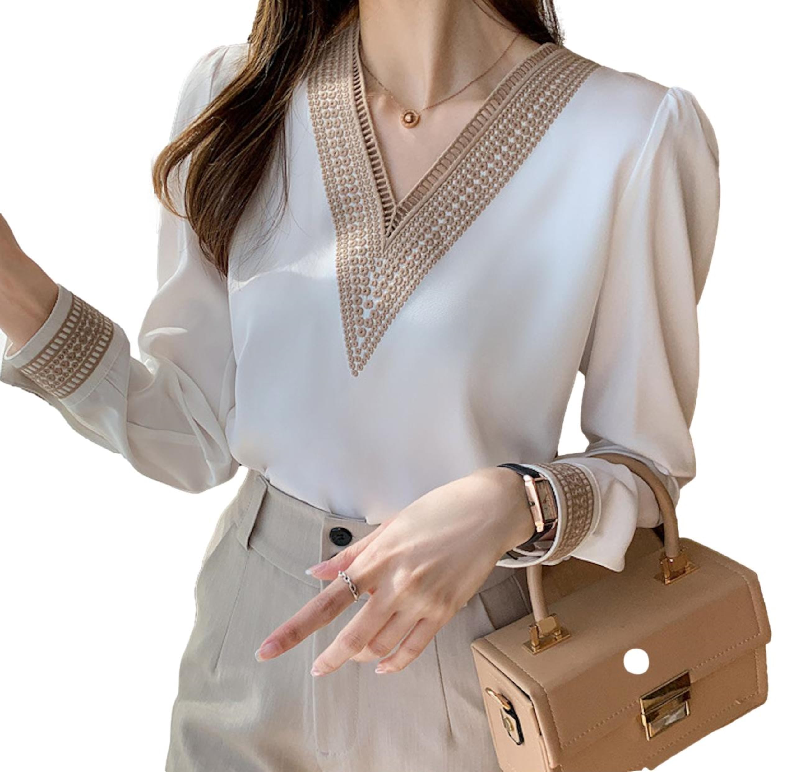 

J-Scott Women s V-Neck Blouse with Embroidered Lace, Lace Trim, and Satin-Like Cuffs, White (JS18-WH-S) - Limited Stock