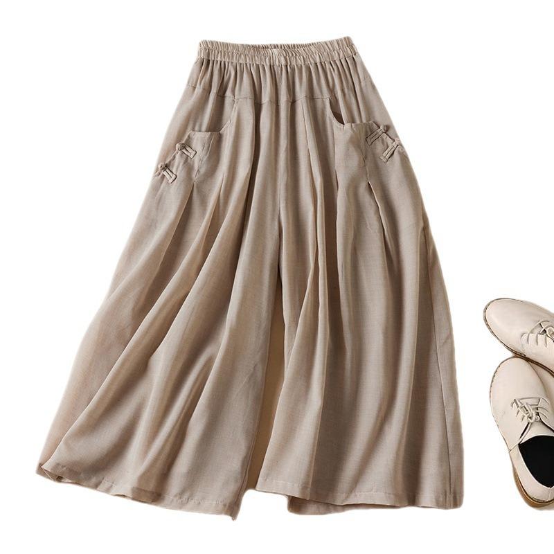 Skutečná fotografie léto nové literární volné jednobarevné bavlněné a lněné elastický pas široké nohavice devítibodové kalhoty ženy