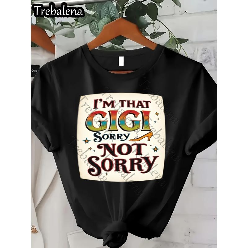 European size , GIGI Text Print Women's T-Shirt Casual Round Neck Spring/ Summer Top Short Sleeve