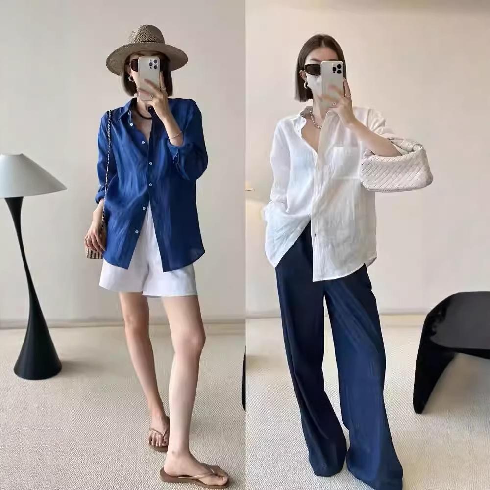 Premium blue linen spring and summer long-sleeved shirt women's versatile commuter cotton and linen loose sunscreen shirt