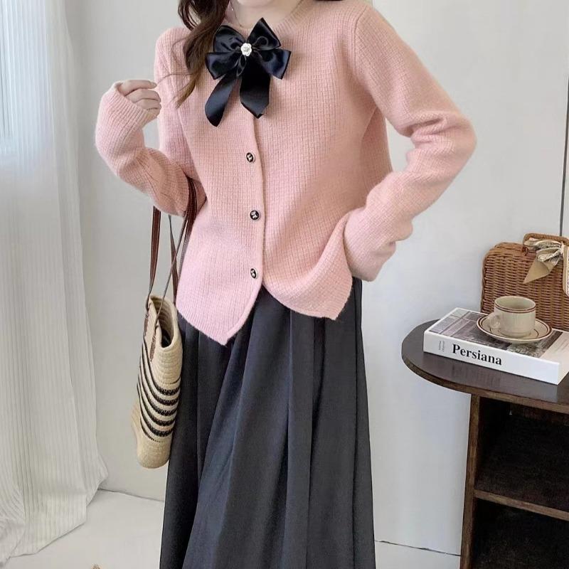 Spring and Autumn New Sweet Casual Design Jacket Women's Bow Crew Neck Fashion Knitted Cardigan Sweater Women's