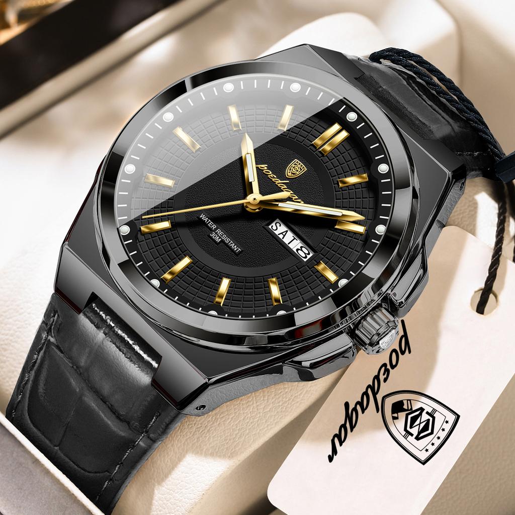 POEDAGAR Fashion Man Wristwatch Waterproof Luminous Date Week Business Quartz Watches Leather Sport Clock Reloj Hombre