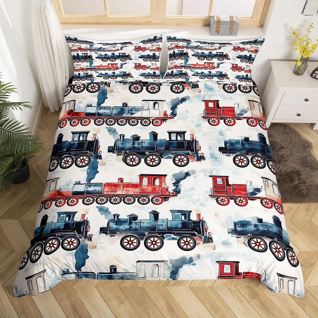 Cartoon Zug Bettwäsche Set Full Queen King Vintage Dampflok Bettdeckenbezug, Reise Eisenbahnstrecke Transport Bettbezug