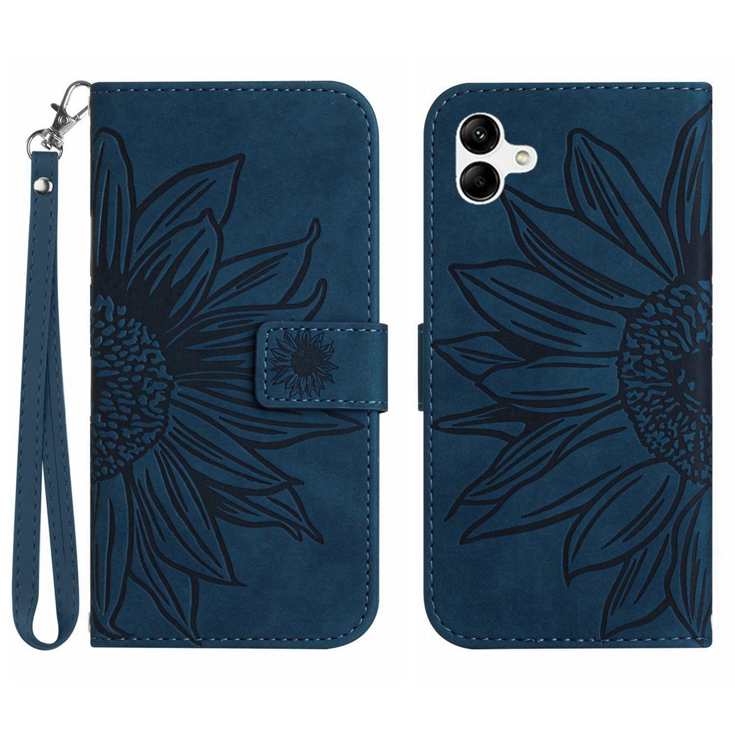 

For Samsung Galaxy A07 Case Sunflower Imprint Leather Wallet Phone Cover with Wrist Strap Dark Blue