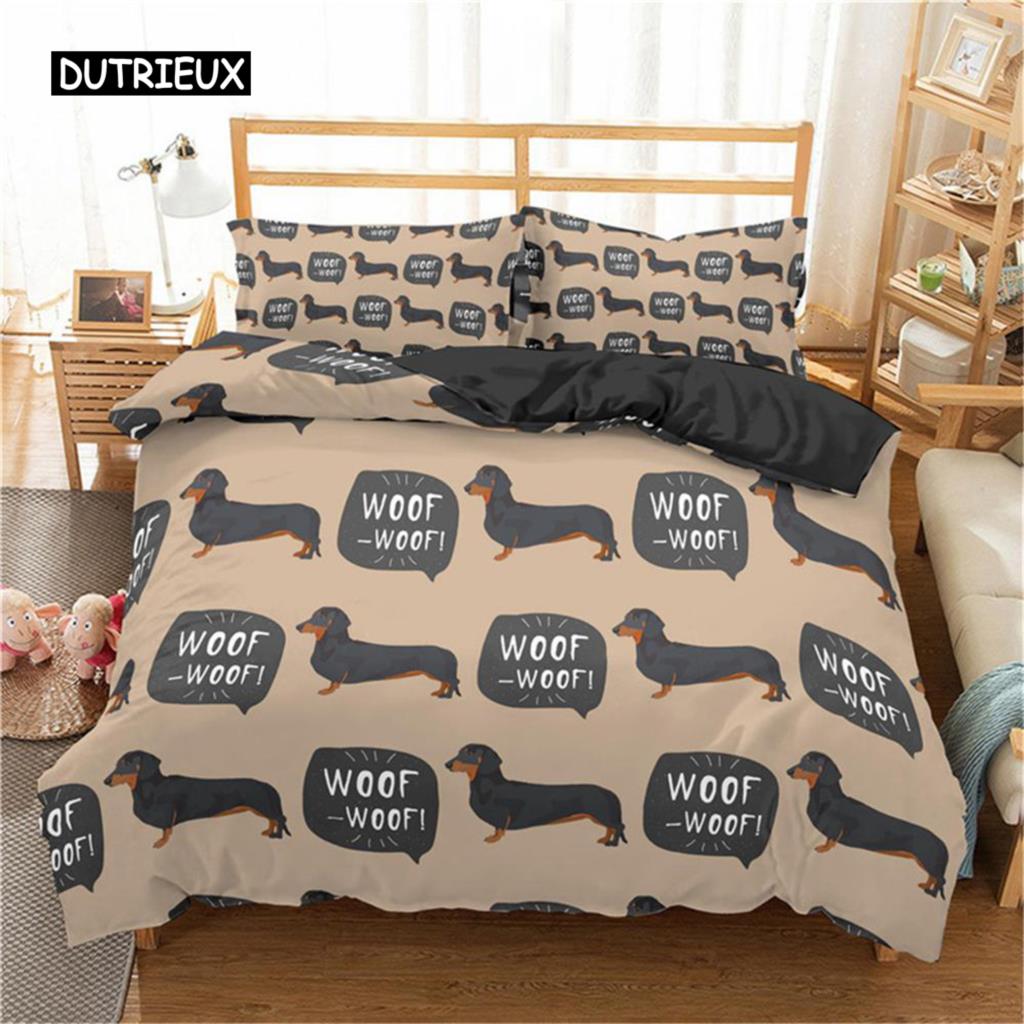 Cartoon Dachshund Bedding Set Cute Sausage Dog Duvet Cover Set Pet Puppy Printed Comforter Cover Animal Polyester Quilt Cover