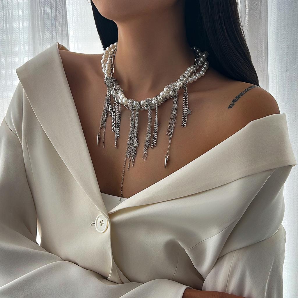 Ingemark Multilayer Vintage Star Love Heart Tassel Link Pendant Choker Necklace Creative Imitation Pearl Chain Party Jewelry New