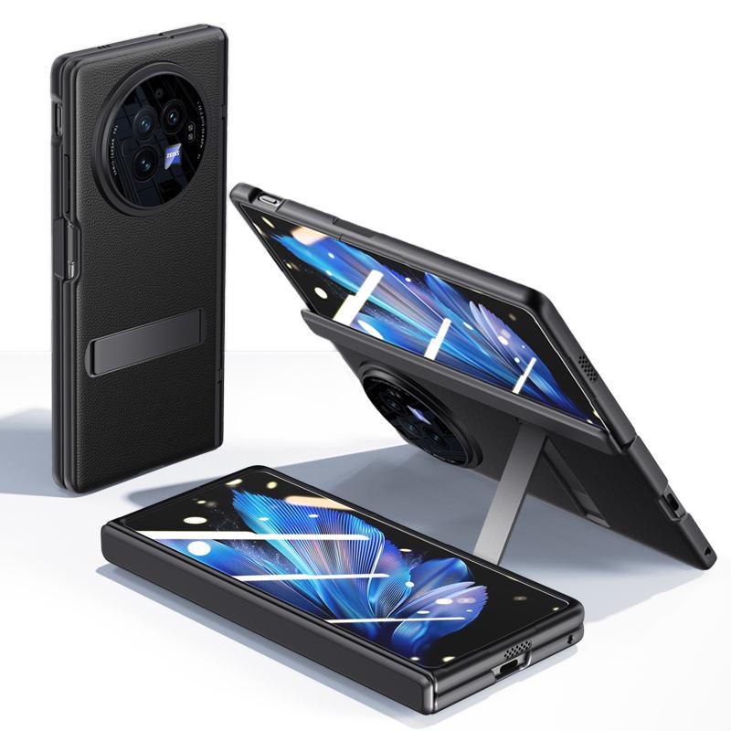

Для vivo X Fold3 Чехол Кожаное покрытие ПК Магнитная подставка Чехол для телефона с HD защитной пленкой для экрана Black