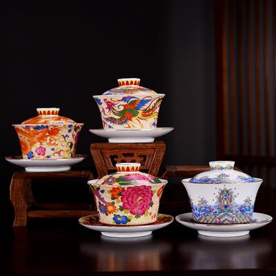 HMLOVE Color Enamel Sancai Gaiwan Large Capacity White Porcelain Cover Bowl Lid Saucer Big Tea Cup Tureen Travel Teaware Sets