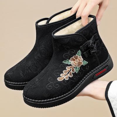 Sapatos de algodão sapatos femininos inverno versátil novo veludo espessado botas de neve bordadas casuais um pedal sapatos de algodão