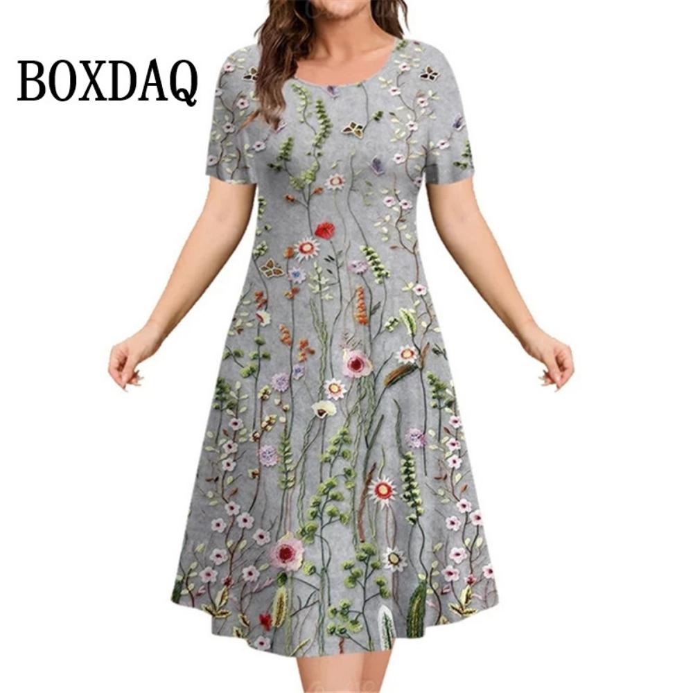 3d Plant Flower Print Women's Dress 2026 Summer Short-sleeved Clothing Casual Loose Retro Dress