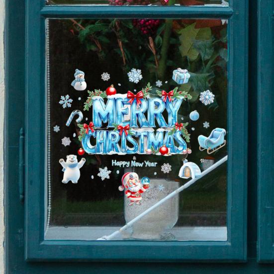 Merry Christmas Window Cling Removable Waterproof Santa Snowman Snowflake Static Glass Sticker Holiday Party Decoration Decal