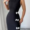 Women's Black Maxi Dresses 2025 Spring Summer Fashionable Sexy Bow Round Neck Side Slit Slimming Sleeveless Tight Party Dress