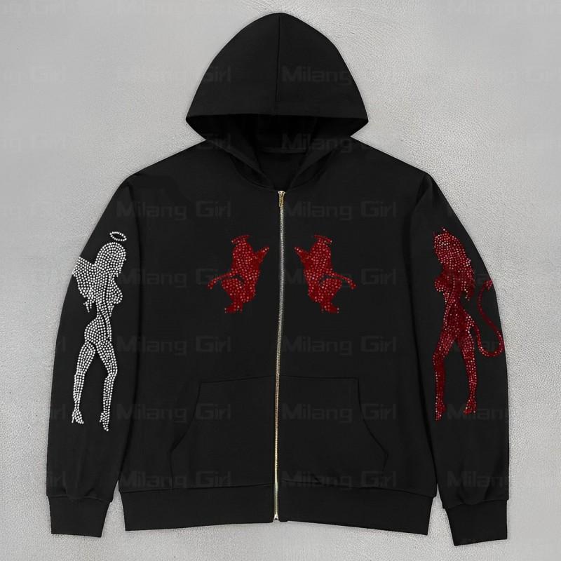 Sudadera con Cremallera y Capucha Gótica Oscura con Adorno de Pedrería Ángel Demonio Streetwear Manga Larga Oversize para Mujer