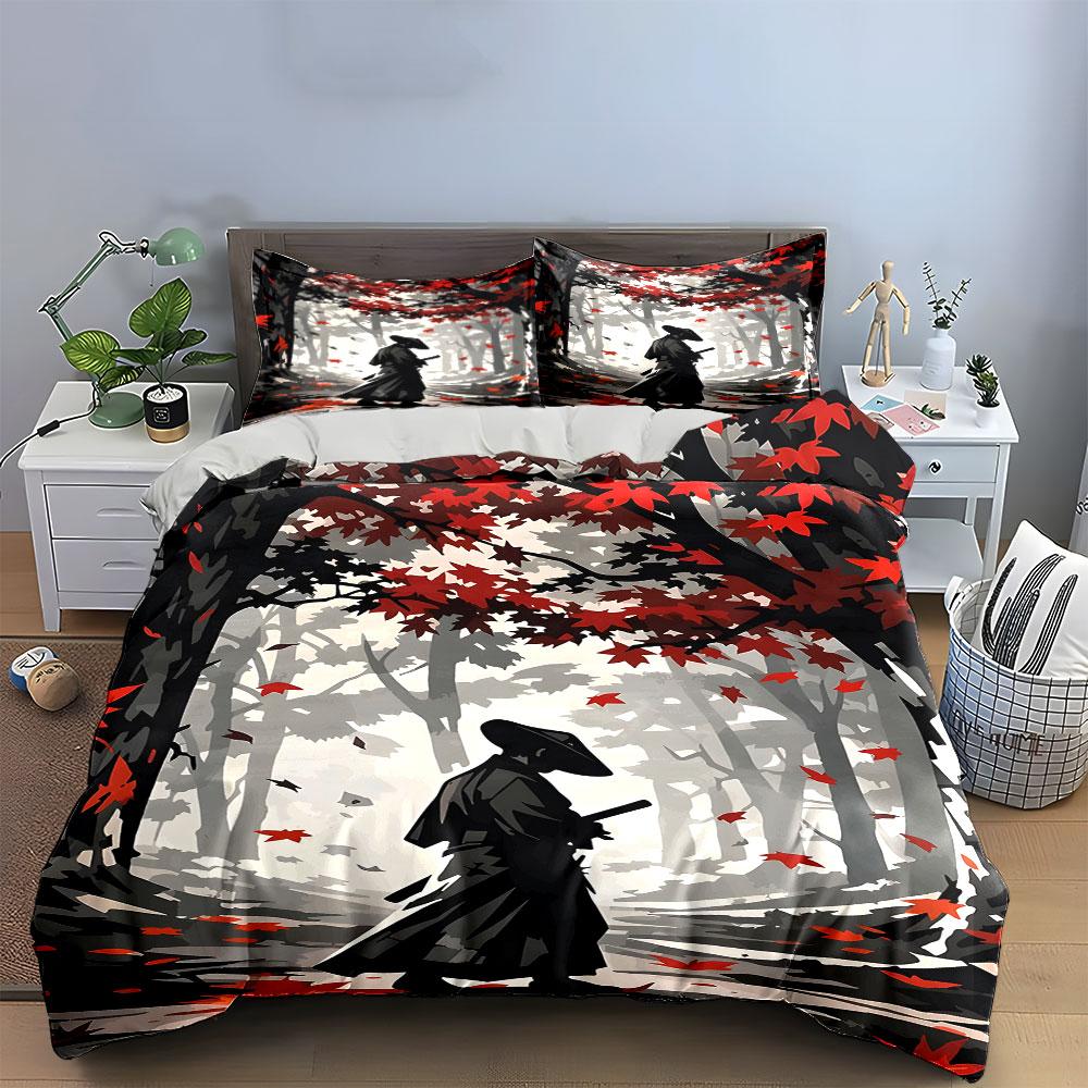 Samurai In Autumn Forest Bedding Duvet Cover Set (1*Duvet Cover 2*Pillowcases, Without Duvet Insert)