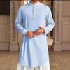 New-style plain-coloured cotton-linen button-down long-sleeved casual shirt for Muslim men