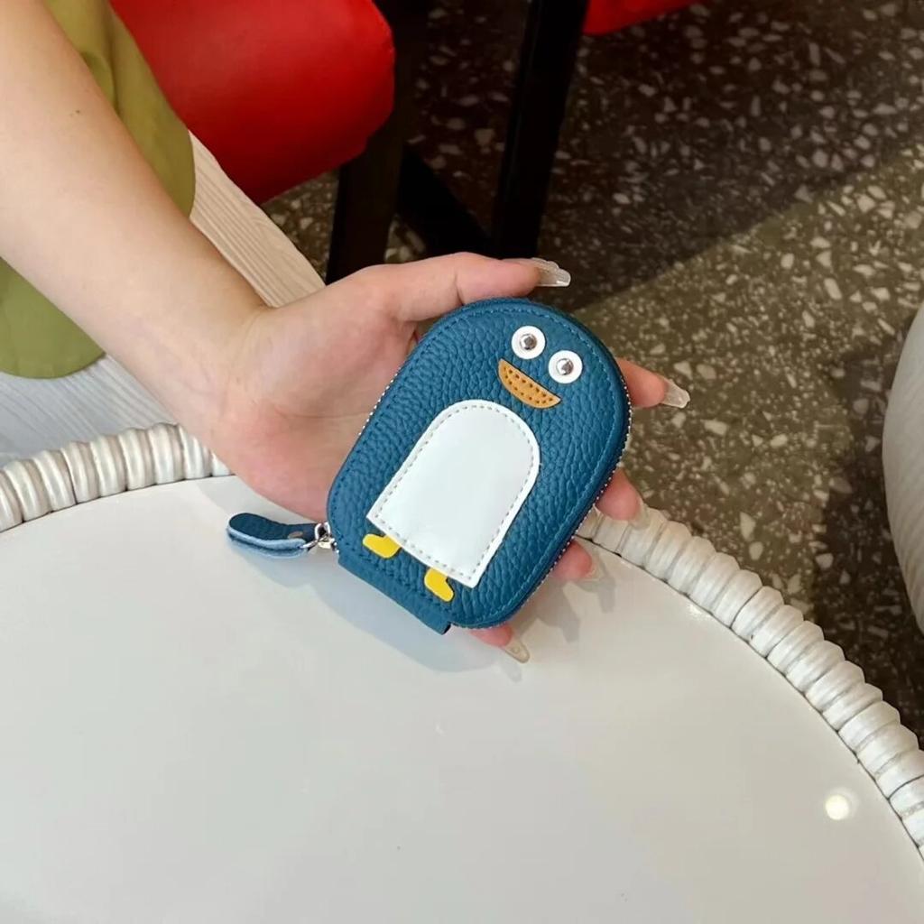 Small Penguin Shape Card Holder Coin Purse Cartoon Cute Genuine Cow Leather Zipper Purses Mini Wallet