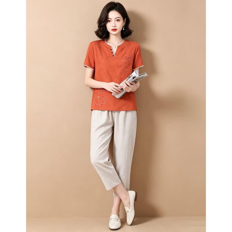 Women's Embroidered Crew Neck Top & Capri Pants Set