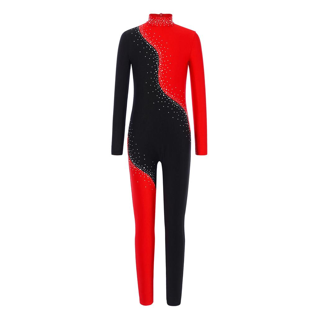 Jenter Fargeblokk Ytelsesjumpsuit Glitrende Rhinestones Mock Neck Langermet Usynlig Glidelås Bak Full Kropp Danseklær