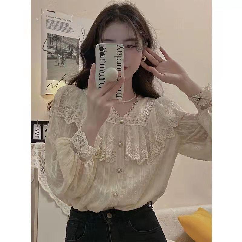 1116 new niche French design ruffle lace shirt spring and summer Korean version gentle and sweet shirt