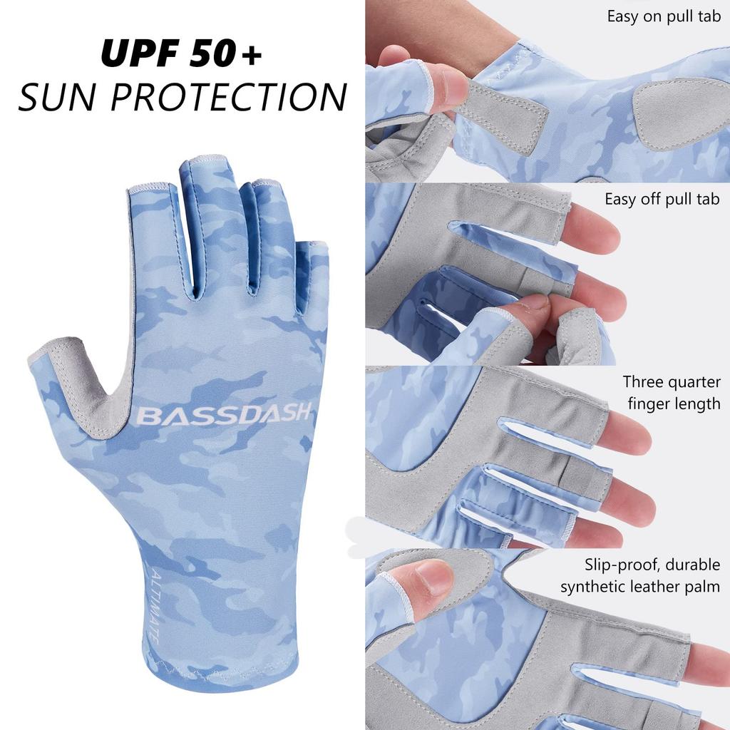 Bassdash Fishing UV Sun Quick Finger Gloves, Protection, Protection, Drying, UPF50+, 3/4