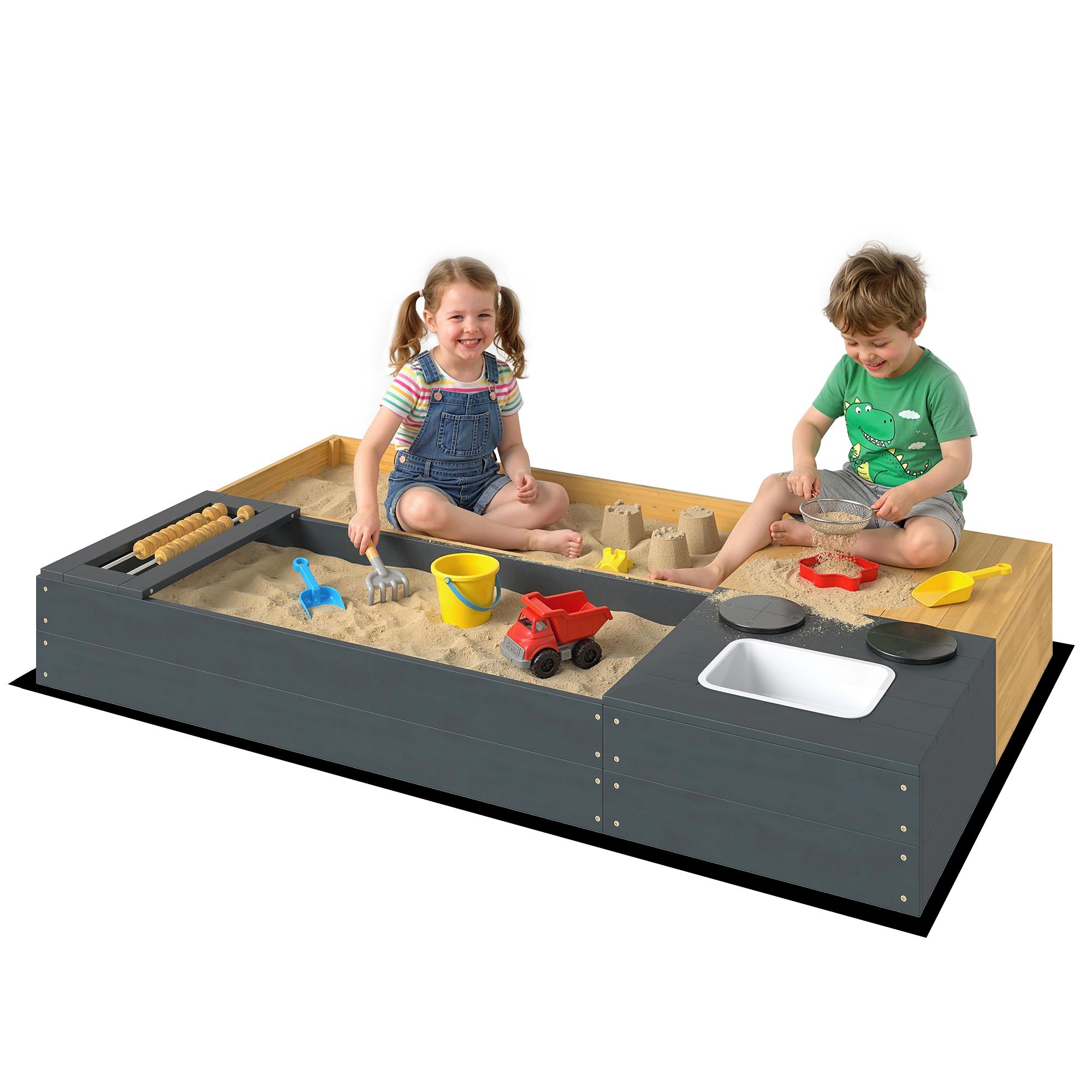 Wooden Sandbox with Sink, Stove, and