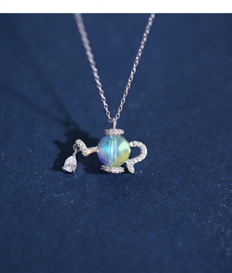 New Personality Creative Aladdin Magic Lamp 925 Sterling Silver Jewelry Aurora Crystal Teapot Fashion Pendant Necklaces TYB385