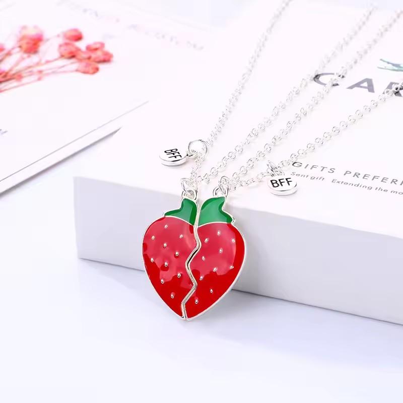 2pcs Cute Fruit Food Magnet Necklaces for Women Girls Kawaii Best Friends Sisters Pendant Chain BFF Friendship Jewelry Gifts