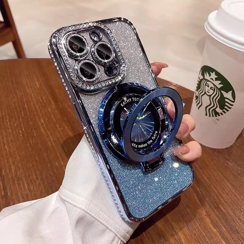 Magnetic Rhinestone Bracket for iPhone 13/14 Pro Max with Electroplated Glitter Lens Film