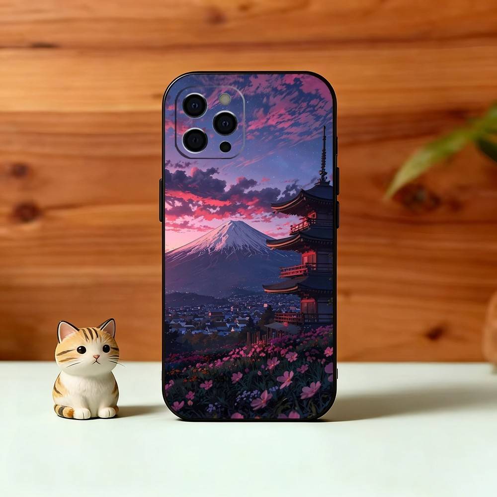 Dreamy Mount Fuji Phone Case For iPhone 17,16,15,14,13,12,11 Plus,Pro Max,XS,Soft Silicone Black Cover