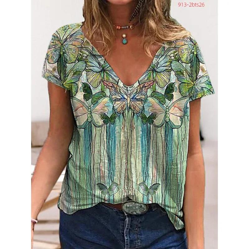 Sommer Damen Kurzarm T-Shirt Schmetterling V-Ausschnitt 3D Druck Freizeit Oberteil Mehrere Stile und Größen zur Auswahl