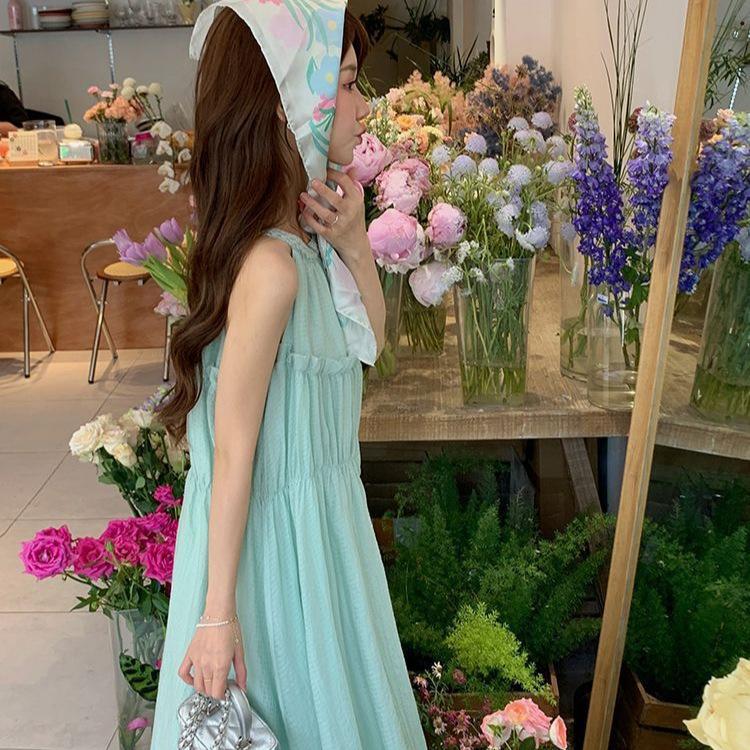 Vacation Wind Mint Green Sleeveless Neck Suspender Dress Women's Summer Seaside Vacation Loose Folds Medium and Long Skirt
